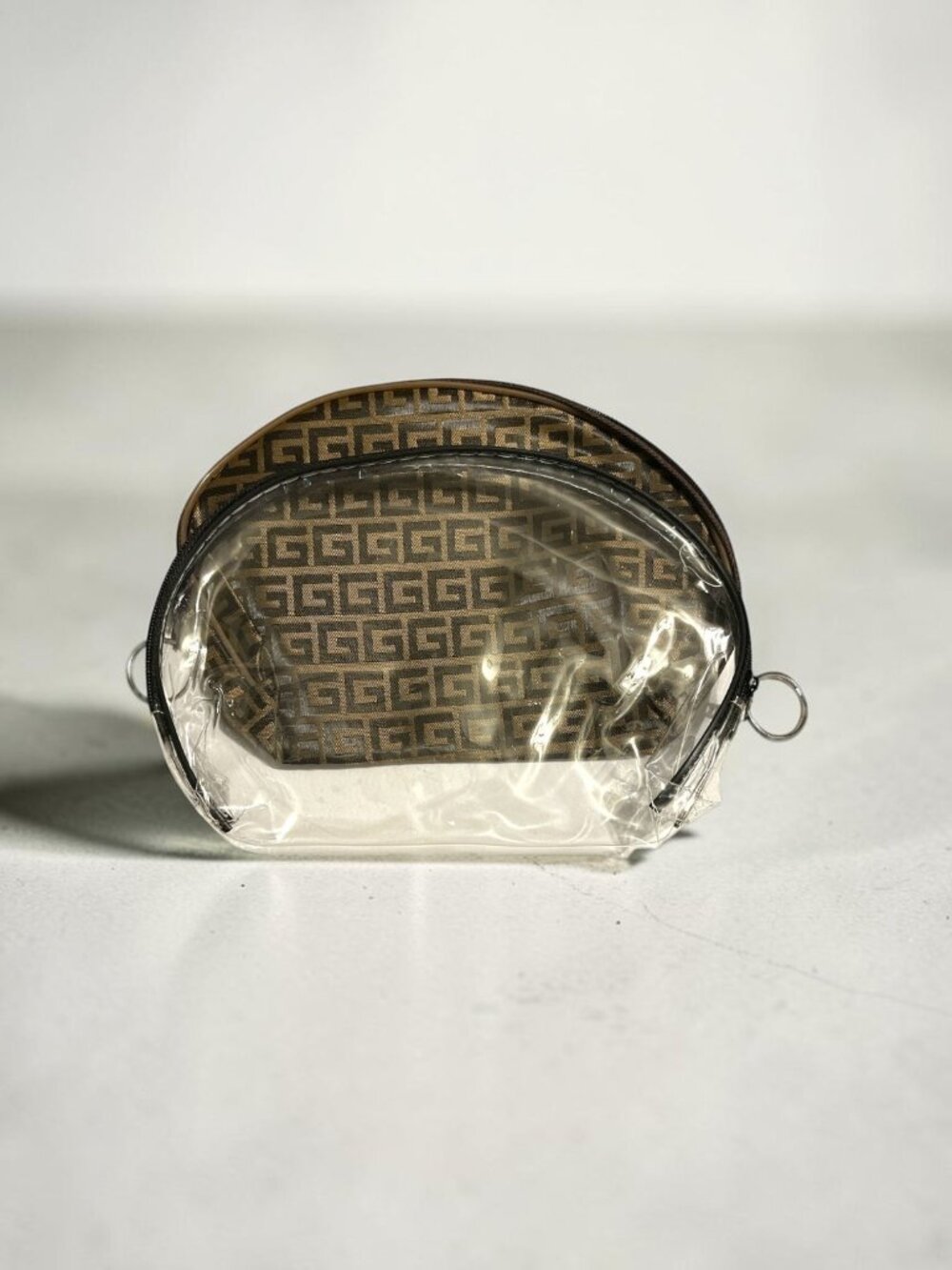 Dark Brown & Clear 2 Piece Large Vinyl Zipper Cosmetic Bag Set